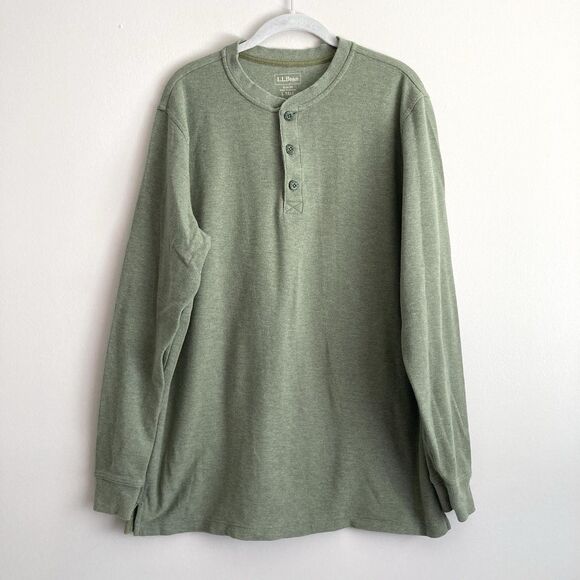 LL Bean Mens Thermal Waffle Knit Henley Shirt Size Large TALL Green Cotton - Picture 1 of 9
